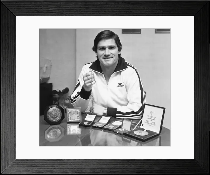 Framed Print : Arsenal footballer Pat Rice shows off his trophies, February 1983