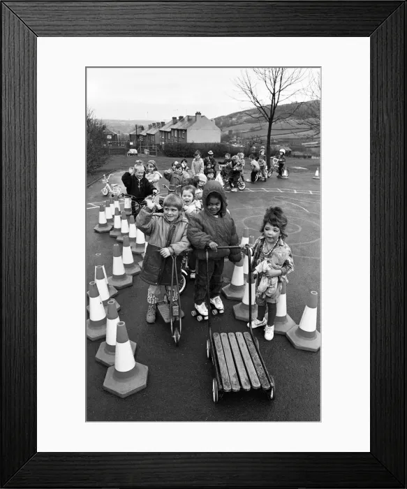 Framed Print : Pupils at Cowlersley Primary School got together to raise money with a sponsored wheel Framed Print : Pupils at Cowlersley Primary School got together to raise money with a sponsored wheel