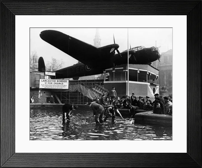 Framed Print : RAF Lancaster bomber on display in Trafalgar Square for Wings for Victory week Framed Print : RAF Lancaster bomber on display in Trafalgar Square for Wings for Victory week