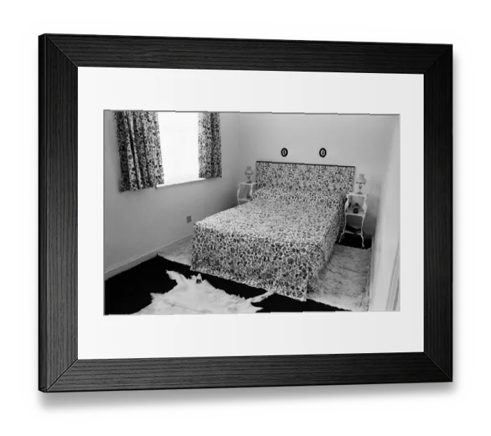 Framed Print : A display of a modern bedroom, with matching curtains, bedspread and headboard