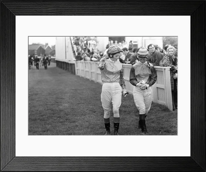 Framed Print : Two of the jockeys in the Daily Mirror Womens Race chat before the race at Redcar 4th Framed Print : Two of the jockeys in the Daily Mirror Womens Race chat before the race at Redcar 4th