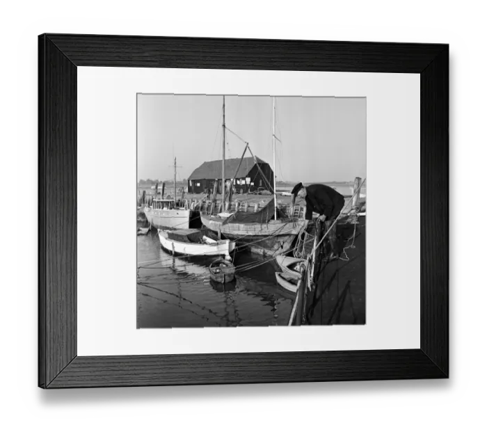 Framed Print : A fisherman mooring his boat at Bosham on the West Sussex Seafront. January 1953