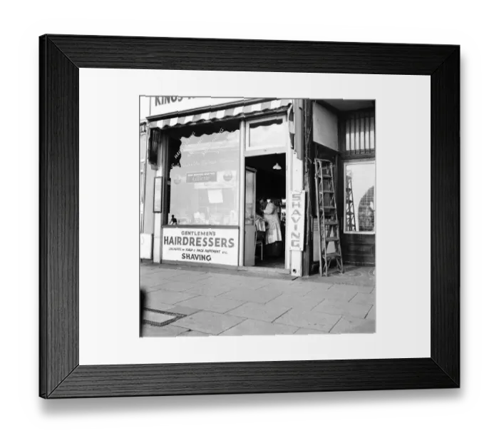 Framed Print : Gentlemens hairdressers in the Kings Road, Brighton, East Sussex. November 1953