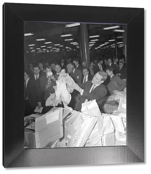 Tony Benn Labour MP July 1964 at Mount Pleasant sorting office London holding a turkey