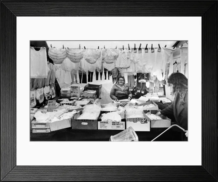 Framed Print : Stockton Market, Body wear Stall, 9th April 1987 Framed Print : Stockton Market, Body wear Stall, 9th April 1987
