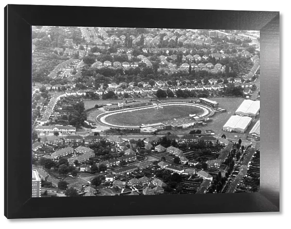 Birminghams Hall Green greyhound stadium, seen from a helicopter. 28th August 1986