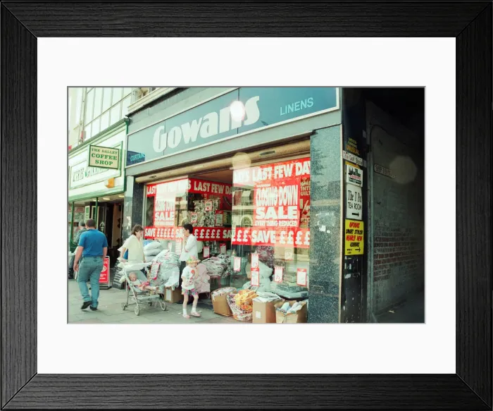 Framed Print : Stockton High Street Shops, 29th June 1993. Gowans Linens Framed Print : Stockton High Street Shops, 29th June 1993. Gowans Linens