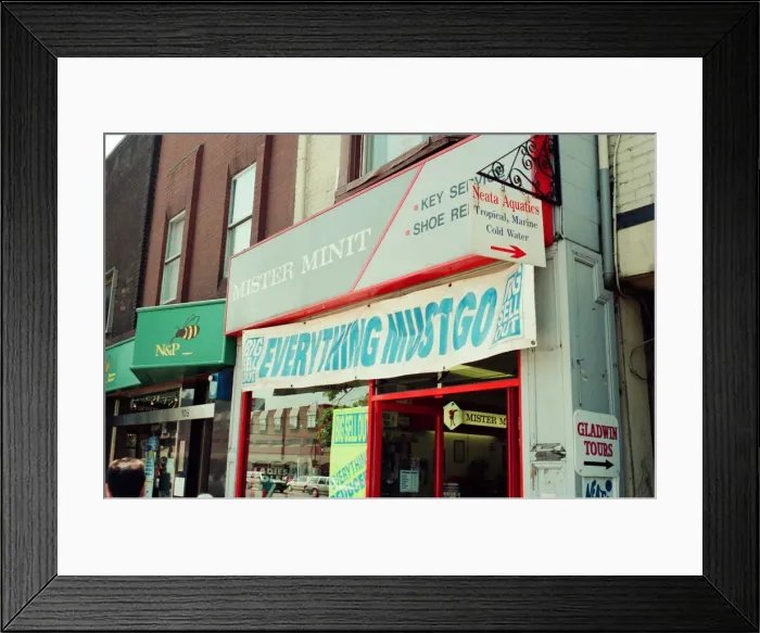 Framed Print : Stockton High Street Shops, 29th June 1993. Mister Minit, Key Service, Shoe Repair