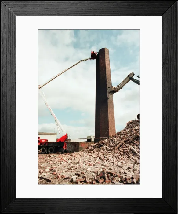 Framed Print : Workmen, busy knocking down the chimney at the old Tram Generating House in Boathouse Framed Print : Workmen, busy knocking down the chimney at the old Tram Generating House in Boathouse