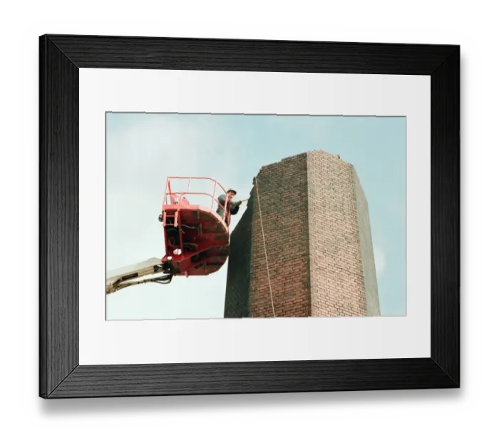 Framed Print : Workmen, busy knocking down the chimney at the old Tram Generating House in Boathouse Framed Print : Workmen, busy knocking down the chimney at the old Tram Generating House in Boathouse