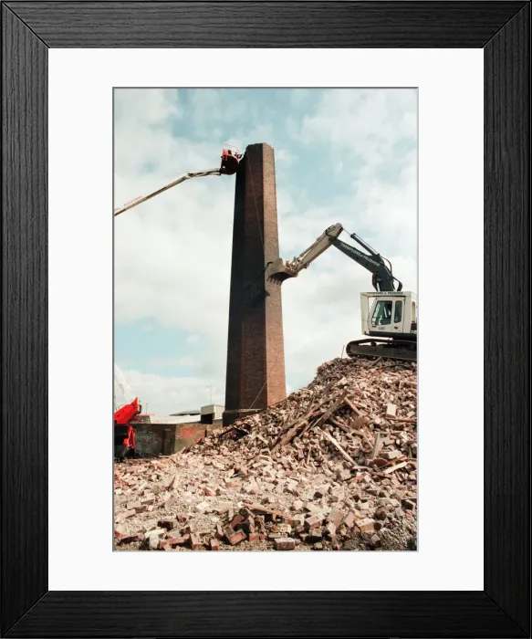 Framed Print : Workmen, busy knocking down the chimney at the old Tram Generating House in Boathouse Framed Print : Workmen, busy knocking down the chimney at the old Tram Generating House in Boathouse