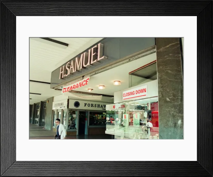 Framed Print : Stockton High Street Shops, 29th June 1993. H Samuel Jewellery Shop