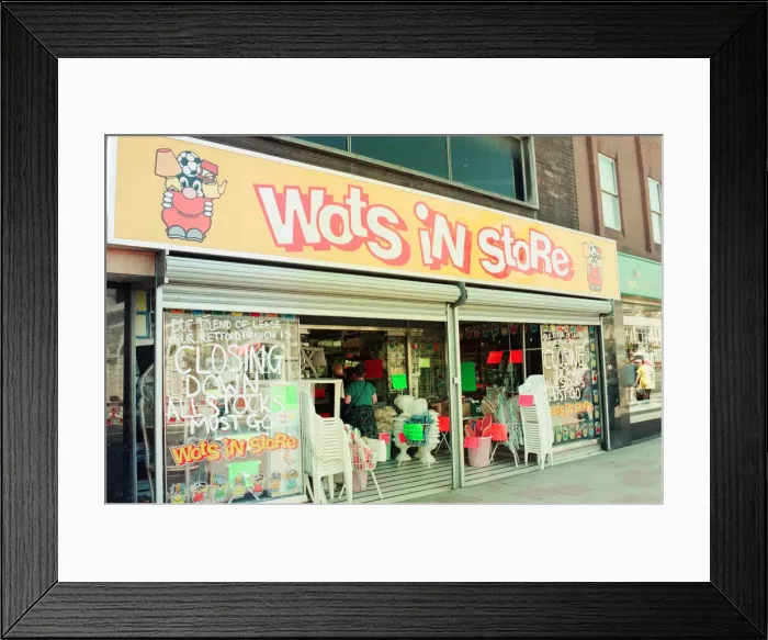 Framed Print : Stockton High Street Shops, 29th June 1993. Wots in Store Framed Print : Stockton High Street Shops, 29th June 1993. Wots in Store