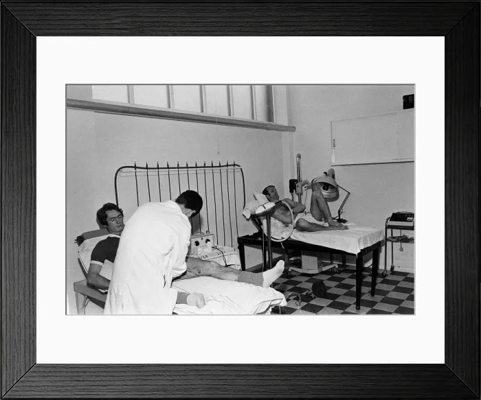 Framed Print : Leicester City team training. Len Glover and Peter Rodrigues in the treatment room