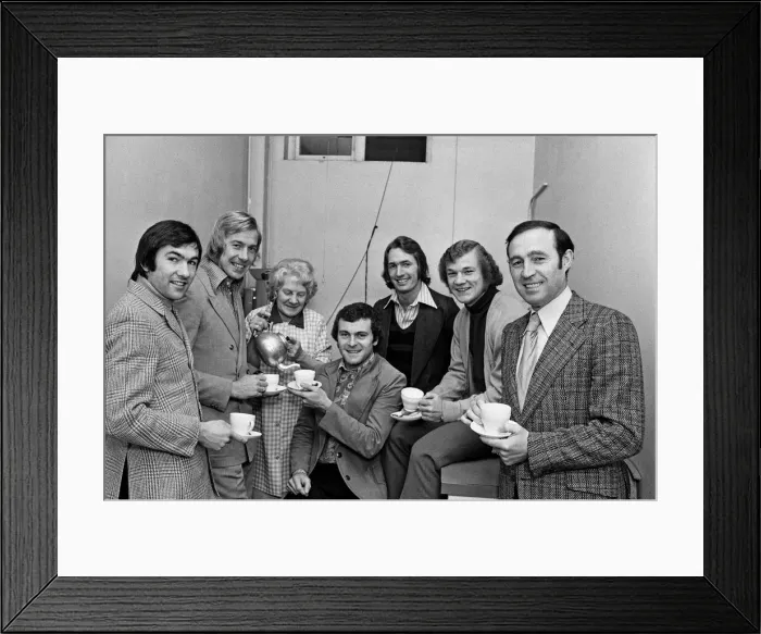 Framed Print : The London contingent of Leicester City football club have a cup of tea
