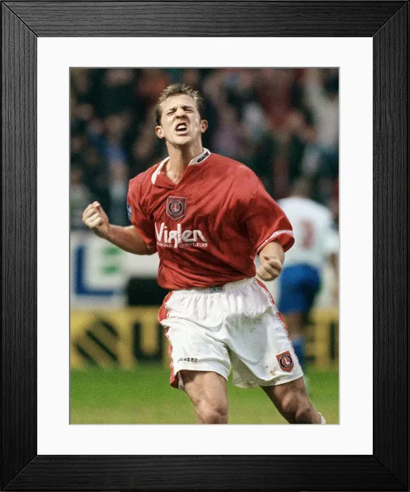 Framed Print : John Robinson celebrates scoring a goal for Charlton Athletic. 10th March 1997 Framed Print : John Robinson celebrates scoring a goal for Charlton Athletic. 10th March 1997