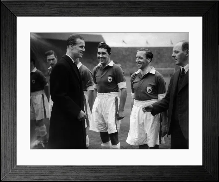 Framed Print : Prince Philip meets Leicester City team players before kick off in their side