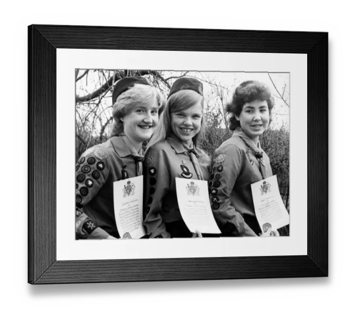 Framed Print : These three Norton school-girls who have been presented with their Queen Framed Print : These three Norton school-girls who have been presented with their Queen