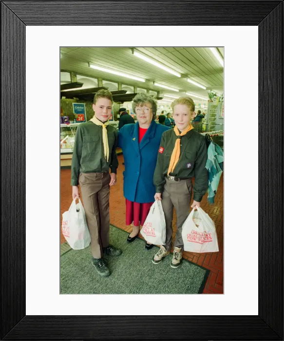Framed Print : Scouts Jobweek at Stokesley. 9th April 1993. Mrs Norma Wilson is grateful for a little Framed Print : Scouts Jobweek at Stokesley. 9th April 1993. Mrs Norma Wilson is grateful for a little