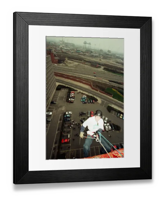 Framed Print : Sponsored abseil from the top of Hospitality Inn, Middlesbrough, 14th April 1996 Framed Print : Sponsored abseil from the top of Hospitality Inn, Middlesbrough, 14th April 1996