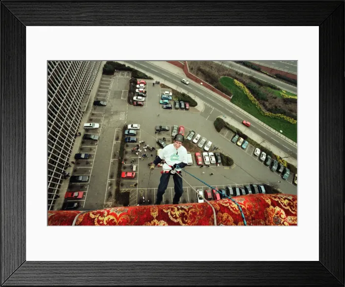 Framed Print : Sponsored abseil from the top of Hospitality Inn, Middlesbrough, 14th April 1996 Framed Print : Sponsored abseil from the top of Hospitality Inn, Middlesbrough, 14th April 1996