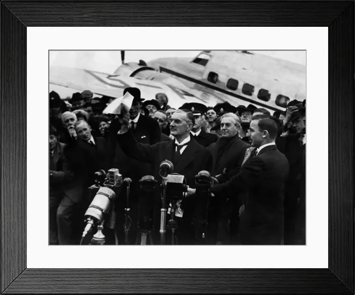 Framed Print : Neville Chamberlain seen here at Heston Airport after returning from his summit meeting