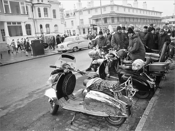 Mods with their scooters gather on Clacton sea front. Over the 1964 Easter weekend