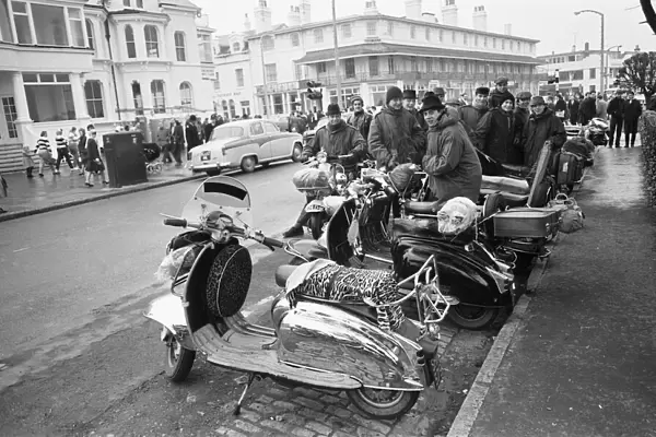 Mods with their scooters gather on Clacton sea front. Over the 1964 Easter weekend