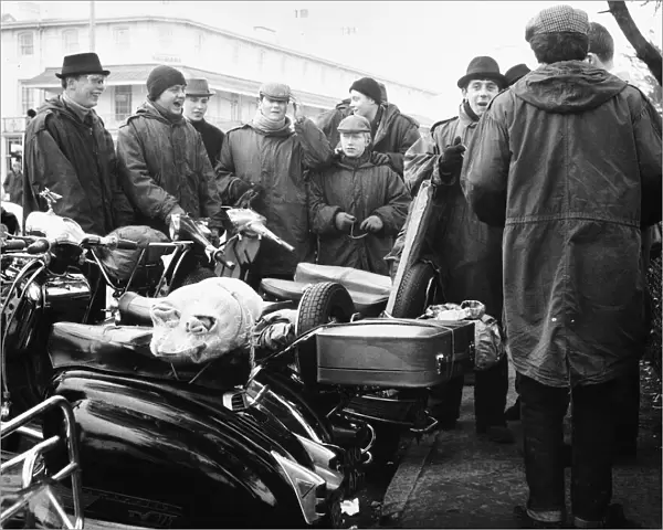 Mods gather on the sea front at Clacton on their scooters over the 1964 Easter weekend