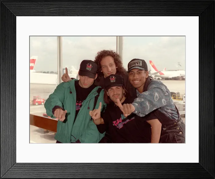 Framed Print : American Pop band Color Me Badd at London airport. Color Me Badd had a UK Number Framed Print : American Pop band Color Me Badd at London airport. Color Me Badd had a UK Number