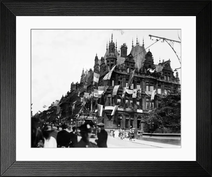 Framed Print : Flags of Allies adorn buildings in Grainger Street, Newcastle at the end of the First Framed Print : Flags of Allies adorn buildings in Grainger Street, Newcastle at the end of the First