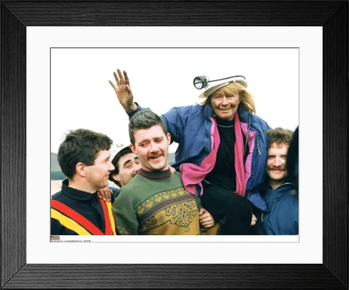 Framed Print : Ann Clwyd MP celebrates Tower Collierys reprieve after her underground sit in. 1994 Framed Print : Ann Clwyd MP celebrates Tower Collierys reprieve after her underground sit in. 1994
