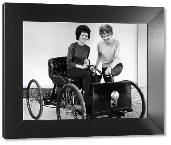 Replica Henry Ford Quadricycle being tried out by office girls Joan Milner