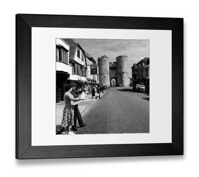 Framed Print : Westgate towers and Falstaff Inn, in Canterbury, Kent. 11th October 1952