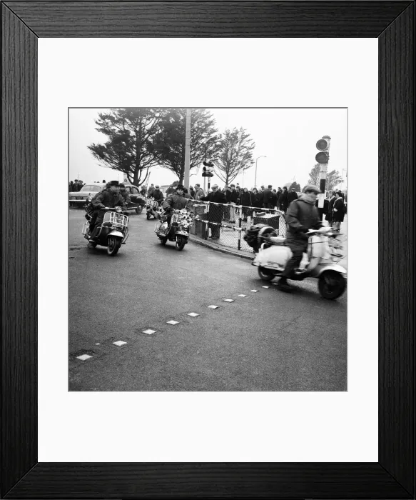 Framed Print : Mods on their scooters seen here driving along Clacton sea front Framed Print : Mods on their scooters seen here driving along Clacton sea front
