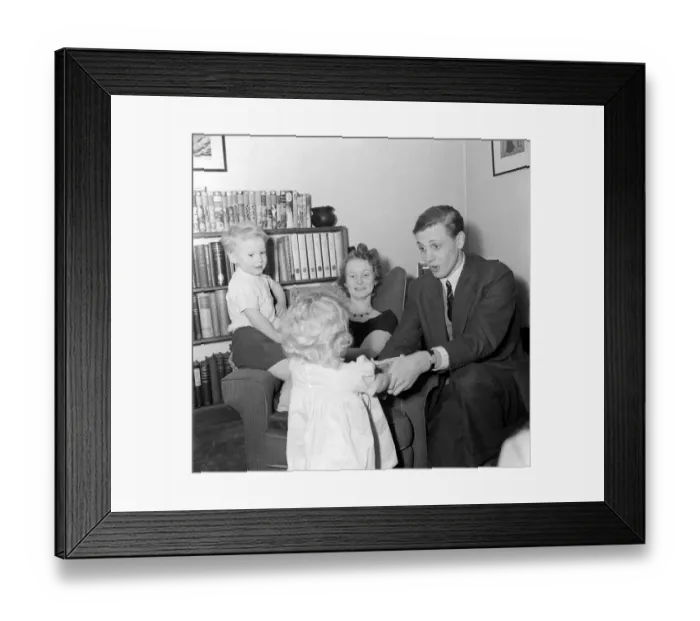 Framed Print : TV Presenter David Attenborough December 1955 and Wife Jane with their children at home