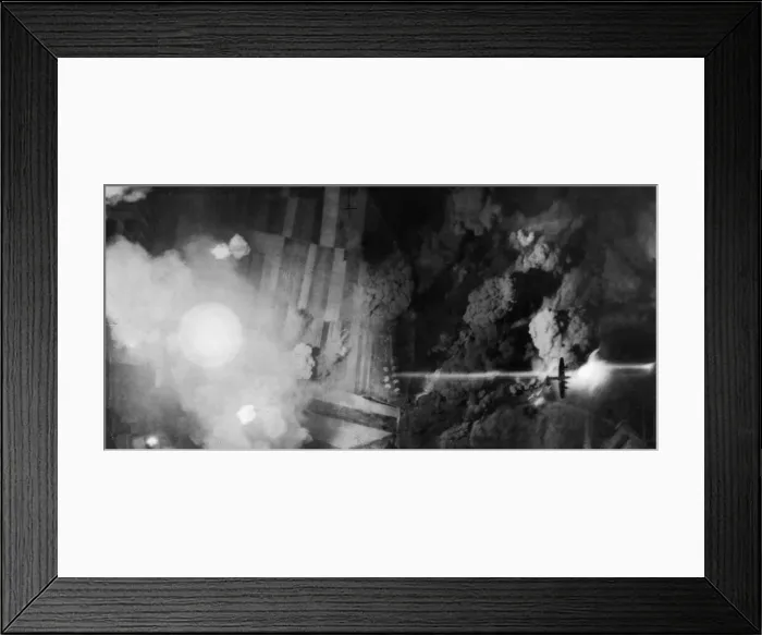 Framed Print : Night time aerial view showing bomb damage to a depot of tanks Framed Print : Night time aerial view showing bomb damage to a depot of tanks