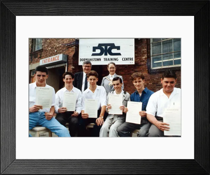 Framed Print : Six bright apprentice joiners taken on by Langbaurgh Council are hammering out a bright