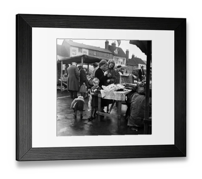 Framed Print : Street market in Stratford-upon-Avon, Warwickshire. April 1954 Framed Print : Street market in Stratford-upon-Avon, Warwickshire. April 1954