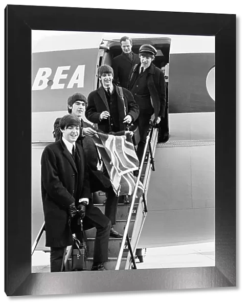 The Beatles return from Paris on BEA flight, landing at London Heathrow Airport