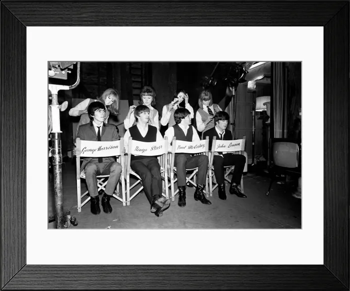 Framed Print : The Beatles pose for pictures during filming of A Hard Day Framed Print : The Beatles pose for pictures during filming of A Hard Day