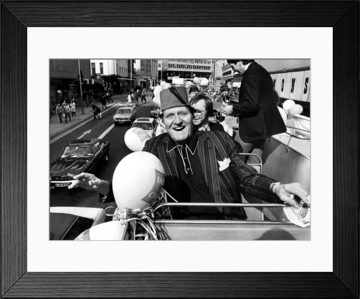 Framed Print : Comedian Tommy Cooper made an opened topped bus trip around the streets of Newcastle