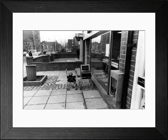 Framed Print : Babies parked outside a chippy on Heaton Road, Newcastle on 13th March 1986 Framed Print : Babies parked outside a chippy on Heaton Road, Newcastle on 13th March 1986