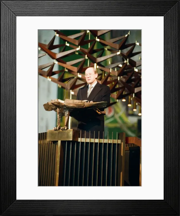 Framed Print : The Cross and Orb on show at Coventry Cathedral during service of reconciliation Framed Print : The Cross and Orb on show at Coventry Cathedral during service of reconciliation