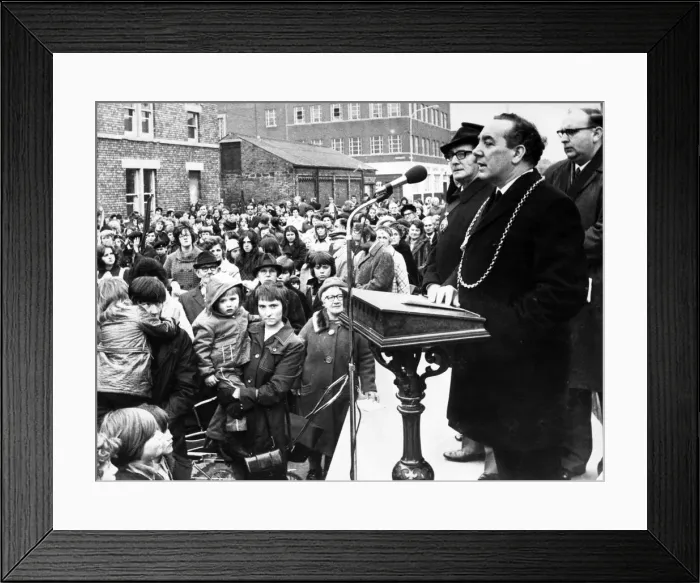 Framed Print : Mayor speaks to the gathering in Northumberland Square, before the parade, Good Friday Framed Print : Mayor speaks to the gathering in Northumberland Square, before the parade, Good Friday