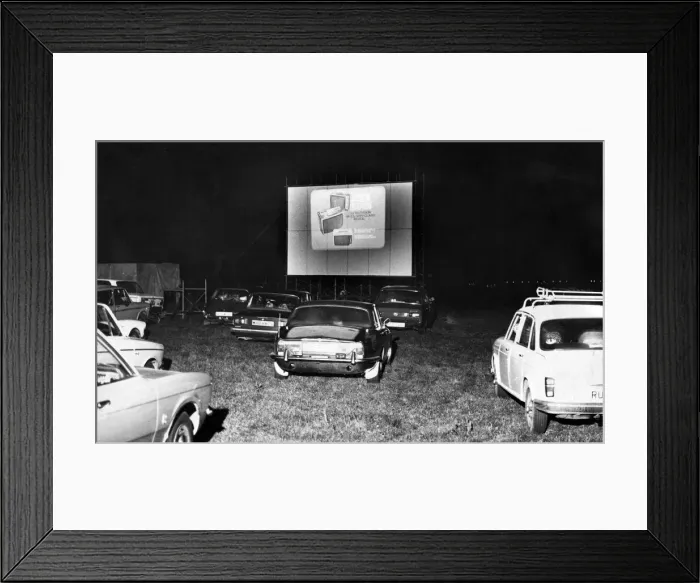 Framed Print : Drive In Cinema, in farmer Swinburnes cow pasture, with silos in the background Framed Print : Drive In Cinema, in farmer Swinburnes cow pasture, with silos in the background