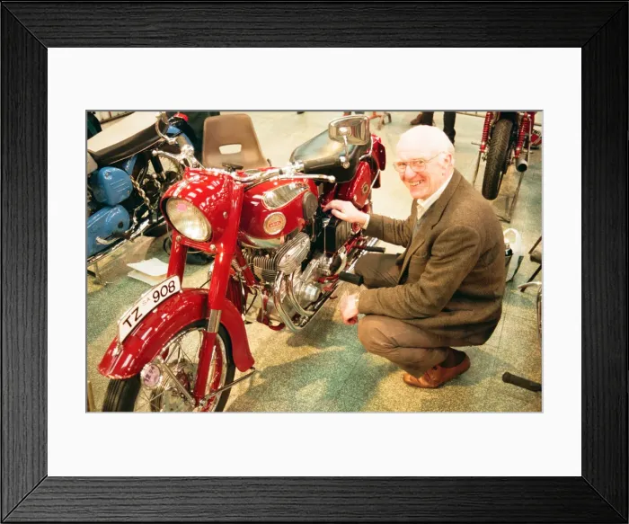 Framed Print : Big Bike Show - Eddie Saint with his 1958 Ariel Square 4 which was exported to Australia