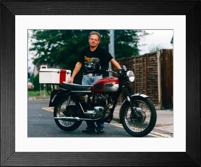 Framed Print : Stuart is pictured with the 1968 Triumph Trophy 650 Twin which he hopes will be joined by Framed Print : Stuart is pictured with the 1968 Triumph Trophy 650 Twin which he hopes will be joined by