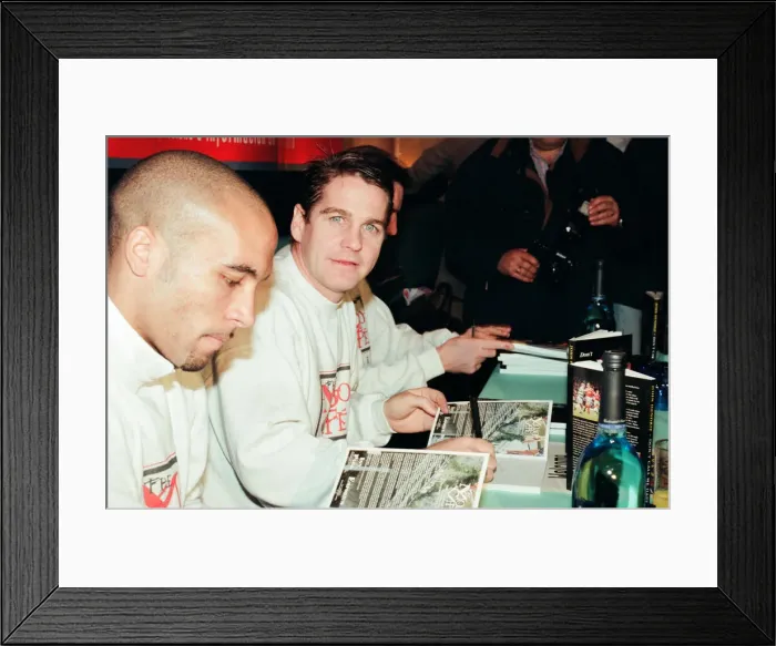 Framed Print : John Hendrie, Middlesbrough Football Player 1990-1996, pictured signing copies of his Framed Print : John Hendrie, Middlesbrough Football Player 1990-1996, pictured signing copies of his