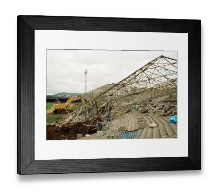 Framed Print : Town stand coming down at Leeds Road, the former ground for Huddersfield Town F. C Framed Print : Town stand coming down at Leeds Road, the former ground for Huddersfield Town F. C